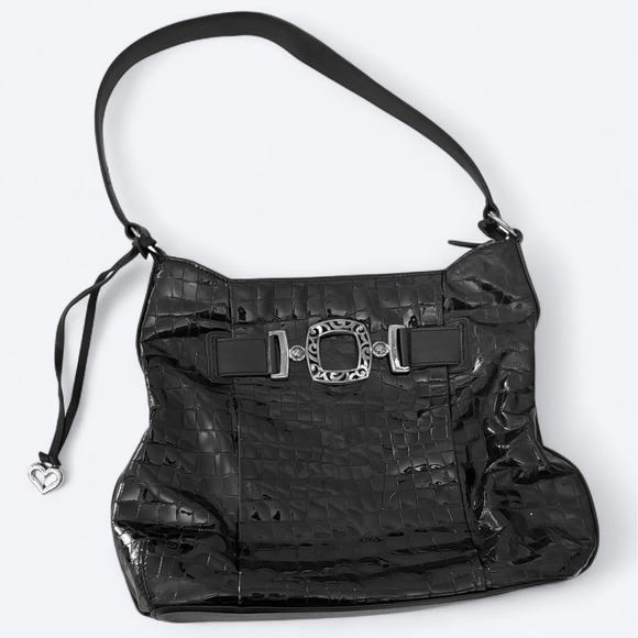 Brighton Cher Glam Black Croco Embossed Patent Leather Silver Shoulder Bag - Picture 3 of 13